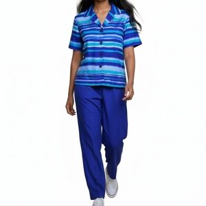 Sag Harbor Satin Pant Suit Size 10P Blue Short Sleeve Blouse Back Zip Pants